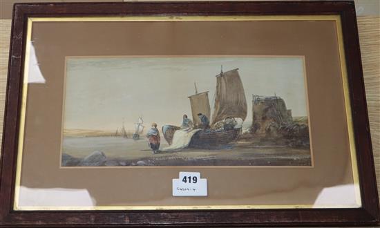19th century English School, watercolour, Fisherfolk on the shore, 18 x 37cm.
